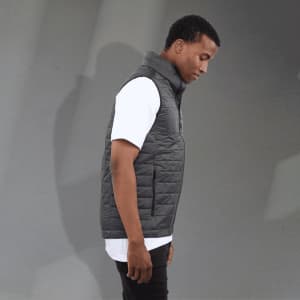 A men's lightweight packable insulated puffer vest in black, featuring a zippered front and a sleeveless design.