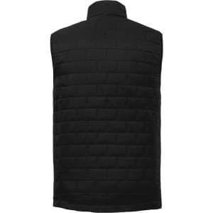 A black insulated puffer vest with a textured pattern and a high collar. Includes a branding logo.