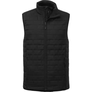 A black lightweight packable insulated puffer vest with a zip front and textured design, featuring pockets and a collar.