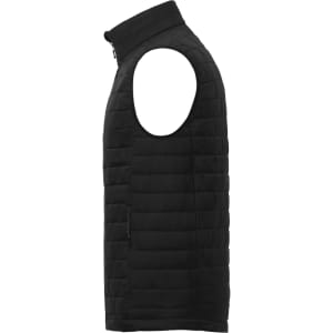 A black insulated puffer vest featuring a high collar and side zip pocket, with a logo on the front.