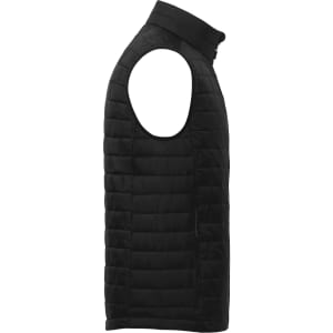 A black lightweight packable insulated puffer vest with a high collar and a modern, sleek design.