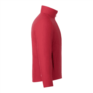A red insulated puffer jacket with a high collar and side pockets, featuring a logo.