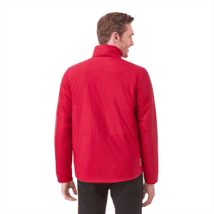 A man wearing a red insulated puffer jacket, showcasing the back design and collar. The jacket features a logo.