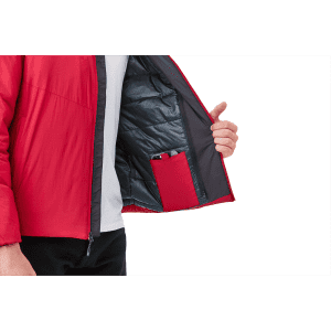 A red insulated puffer jacket with a black lining, featuring an interior pocket for storage.