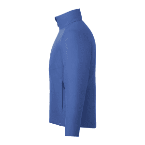 A blue insulated puffer jacket for men, featuring a zippered pocket and a collar, with a logo on the front.