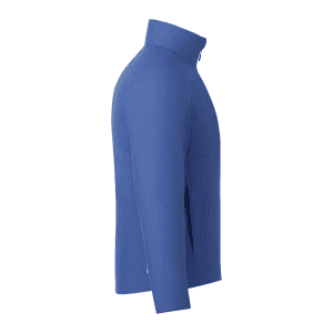 A blue insulated puffer jacket featuring a high collar and side zip pockets, with a logo present.