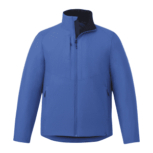A blue insulated puffer jacket with a zip front, high collar, and branded design elements.