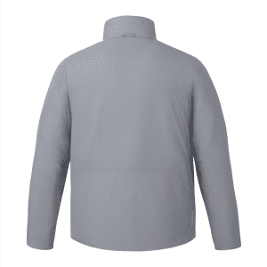 A grey insulated puffer jacket with a high collar and long sleeves, featuring a small logo on the back.