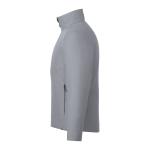 A grey insulated puffer jacket for men with a sleek design and side pockets. Features a logo on the sleeve.