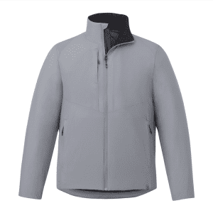 A light grey insulated puffer jacket with a high collar and multiple zip pockets. It features a logo on the front.
