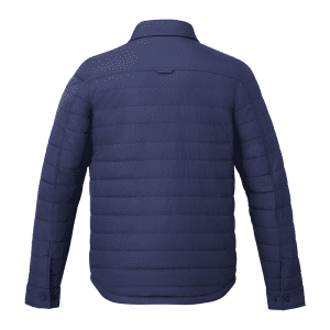 A navy blue insulated shacket for men, featuring a sleek design and a back yoke detail. It has a logo.
