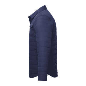 A navy insulated shacket for men, featuring a collared neck and side view design. It has a brand logo.