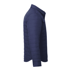 A navy insulated shacket for men featuring a buttoned collar and a side view. Includes a branding logo.
