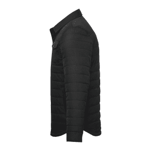 A black insulated shacket for men, featuring a side view design and a logo on the garment.