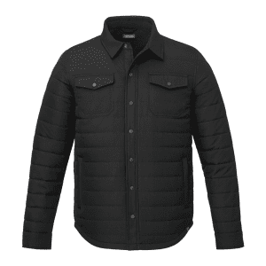 A black insulated shacket featuring a button-up front and two chest pockets. It has a logo on the design.
