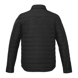 A black insulated shacket for men, featuring a quilted design and a collar, with a logo on the back.