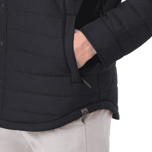 A black insulated shacket featuring a side pocket and a subtle logo detail.
