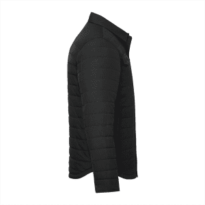 A black insulated shacket for men, featuring a side view with a sleek design and a small logo.