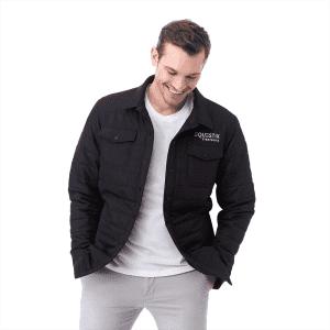 A black insulated shacket for men featuring a logo, designed with a collared neckline and front pockets.