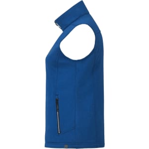 A blue women's softshell vest featuring a high collar and side zip pocket, with a logo on the design.