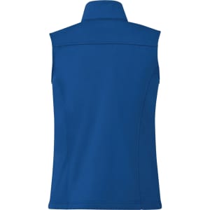 A blue women's eco waterproof softshell vest with a high collar, featuring a logo.