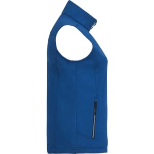 A blue women's softshell vest with a high collar and zippered pocket, featuring a logo.