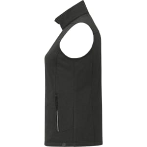 A women's eco waterproof softshell vest in dark grey with a zippered pocket and no sleeves. Features a branding logo.
