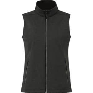 A black waterproof softshell vest with a zip front and side pockets, featuring a high collar and no sleeves.