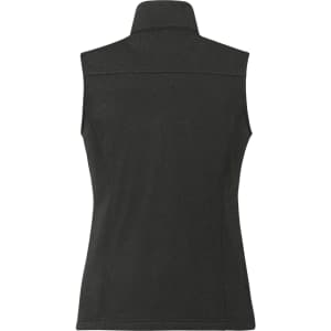 A dark grey women's softshell vest with a high collar and a fitted design, featuring a logo on the back.