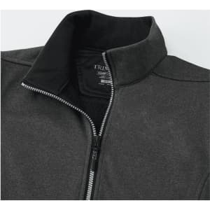 A women's grey eco waterproof softshell vest featuring a zip closure and a high collar. It has a logo on the inside collar.