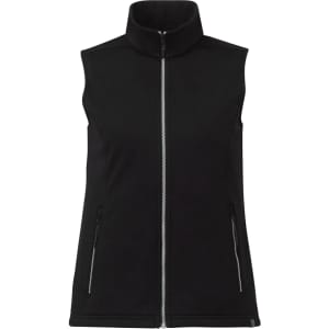 A black women's eco waterproof softshell vest with a high collar and zippered pockets, featuring a logo.