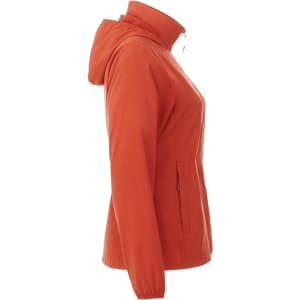 A women's packable jacket in vibrant orange with a hood and side pockets. It features a logo on the front.