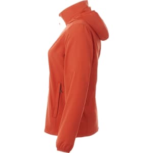 A packable women's jacket in bright orange, featuring a hood and side pockets, with a logo visible.