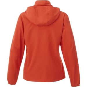 An orange women's packable rain jacket featuring a hood and a branded logo on the back.