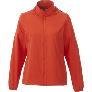 A women's packable jacket in vibrant red, featuring a hood and zippered front. The jacket also has a logo.