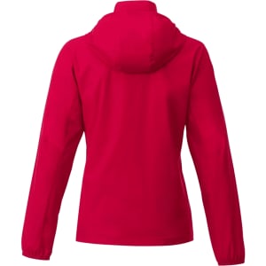 A red women's packable rain jacket featuring a hood and long sleeves, showcasing a back view.