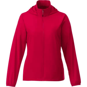 A red women's packable jacket featuring a zip front and hood. The jacket has a logo on it.