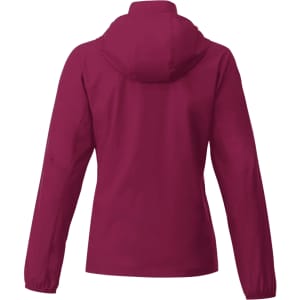 A maroon Women's TOBA Packable Jacket featuring a hood, designed for rain protection. The back view shows a simple silhouette.