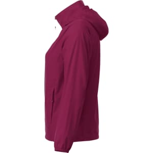 A women's packable rain jacket in a deep burgundy colour, featuring a hood and side pockets. It has a logo.