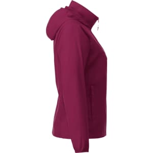 A maroon women's packable rain jacket with a hood and a logo on the side.