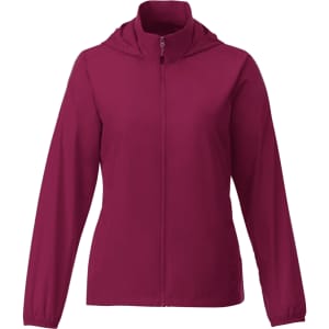 A women's packable jacket in a rich burgundy colour, featuring a zip front and hood, with elasticised cuffs.