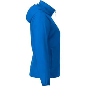 A women's packable rain jacket in a vibrant blue, featuring a hood and side zip pocket. Includes a logo.