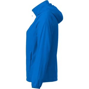 A blue women’s packable rain jacket with a hood, featuring a side view and a logo.