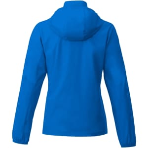 A bright blue women's packable rain jacket featuring a hood and long sleeves, with a logo on the back.