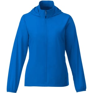 A bright blue women's packable rain jacket with a hood and full zip front. It features long sleeves and a logo.