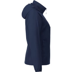 A navy Women's TOBA Packable Jacket featuring a hood and a side zip pocket, with a logo on the front.