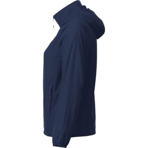 A navy women's packable rain jacket with a hood, featuring a side view and a logo on the chest.