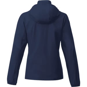A navy women's packable jacket featuring a hood and long sleeves, with a logo on the back.