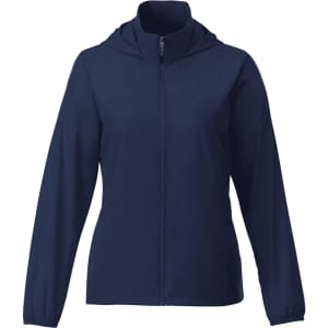 A packable women's rain jacket in navy blue, featuring a hood and a zippered front, with an understated logo.