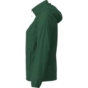 A green women's TOBA packable rain jacket with a hood and side pockets. Features a branding logo.